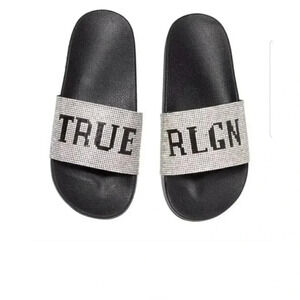 True Religion Size 11 Women's Meyer Studded Bling Silver Black Slip On Slides